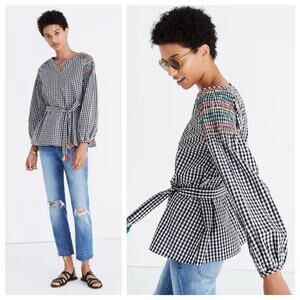 Madewell Embroidered Smocked Gingham Top Size Small Black White Notch Neck